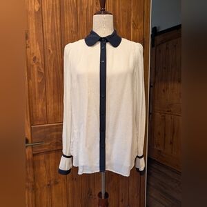 Talbots M Petite Viscose Off White Blouse with Navy Trim